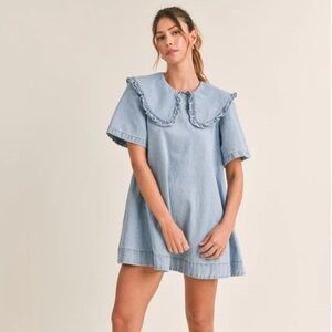 Denim Dress with Ruffled Collar